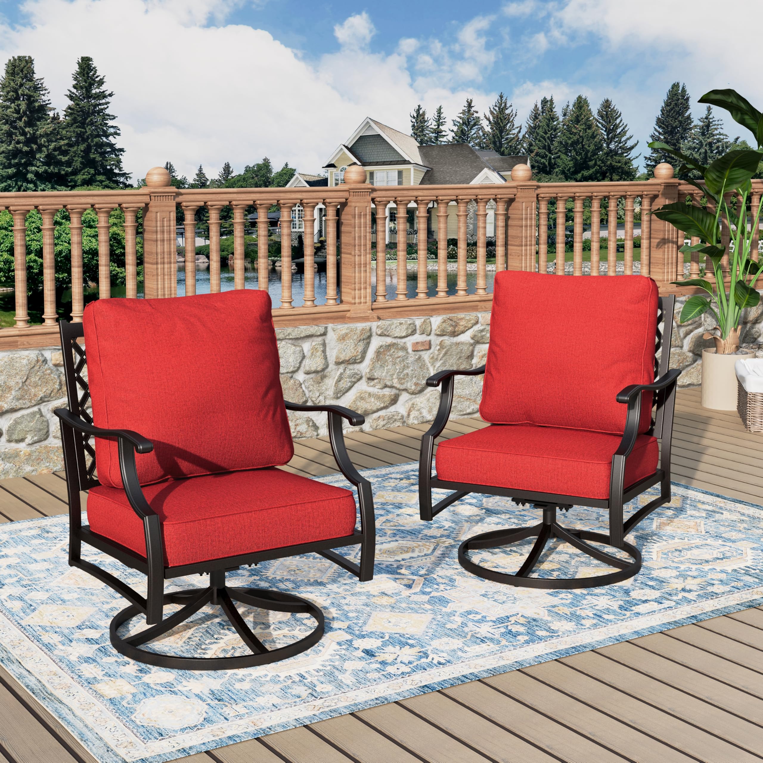 MIXPATIO Swivel Patio Chairs Set of 2, High Back Outdoor Swivel Patio Metal Chairs with 5.75" Thick Cushions for Bistro Balcony Porch Deck and Yard, Red