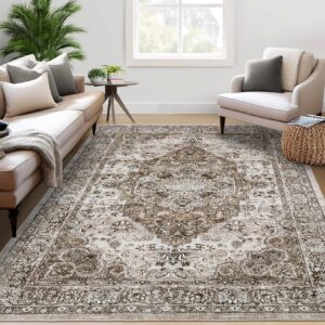 garveehome washable rugs 8x10 area rug for living room vintage rugs for bedroom indoor floral medallion oriental large rug soft non shedding stain resistant carpet for dining room 8'x10' brown