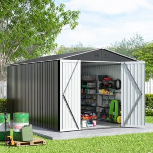 HOGYME 8 x 12 FT Outdoor Storage Shed, Large Metal Tool Sheds with Updated Frame Structure and Lockable Doors, Garden Shed for Backyard Garden Patio Lawn, Grey