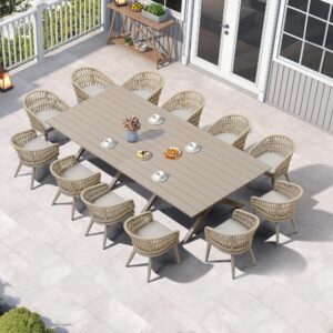 purple leaf 14 pieces outdoor dining set all-weather pe rattan outdoor patio furniture set with all aluminum frame rectangular table and chairs set for lawn garden backyard deck, champagne