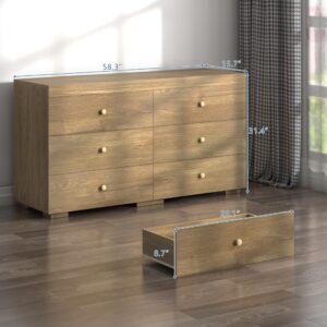 Zenflare 6 Drawer Dresser for Bedroom Wood Dresser 58.3" Wide, Large Chest of Drawers for Bedroom, Living Room, Hallway, Entryway, Modern TV Stand Drawer Organizer, Natural Oak