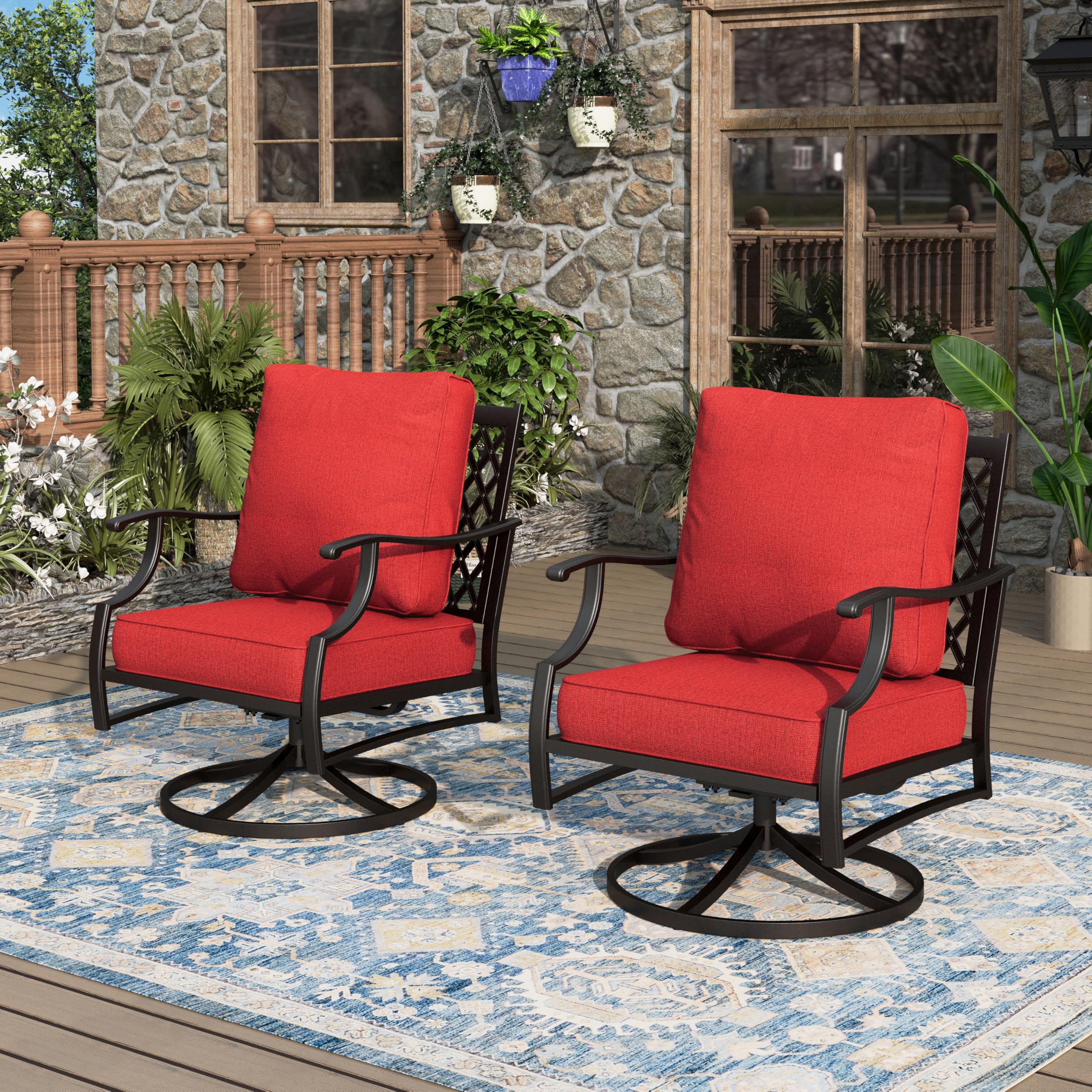 MIXPATIO Swivel Patio Chairs Set of 2, High Back Outdoor Swivel Patio Metal Chairs with 5.75" Thick Cushions for Bistro Balcony Porch Deck and Yard, Red