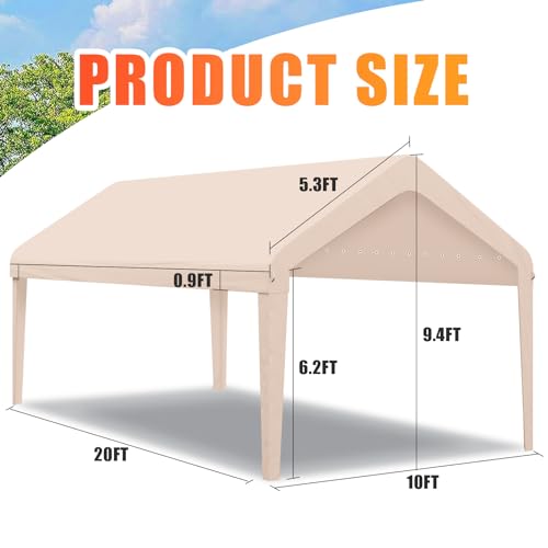 Carport Canopy 10'x20' Heavy Duty Replacement Cover, Garage Shelter Cover 800D Oxford Waterproof & UV Protected Tarp with Ball Bungees, Not Include Frame, Beige