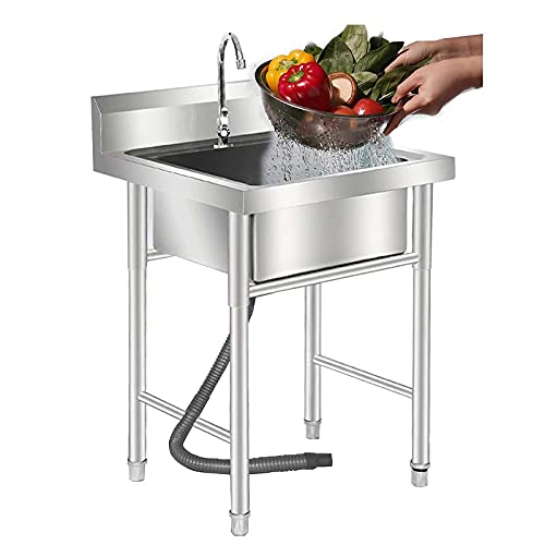 Free-Standing Commercial Stainless Steel Sink 1 Compartment with Bracket Extra-Thick Portable Stainless Steel Hand Washing Sink Suitable for Garage Kitchen Laundry Room