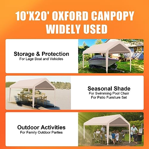 Carport Canopy 10'x20' Heavy Duty Replacement Cover, Garage Shelter Cover 800D Oxford Waterproof & UV Protected Tarp with Ball Bungees, Not Include Frame, Beige