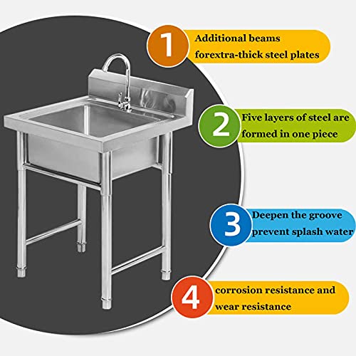 Free-Standing Commercial Stainless Steel Sink 1 Compartment with Bracket Extra-Thick Portable Stainless Steel Hand Washing Sink Suitable for Garage Kitchen Laundry Room