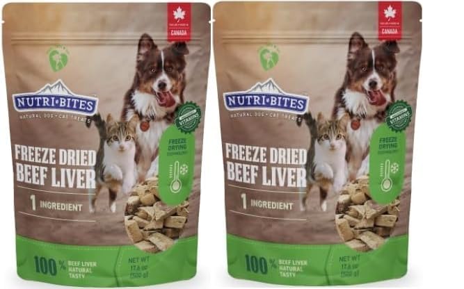 (Pack of 2) Nutri-Bite Freeze Dried Beef Liver Treats for Dogs & Cats - High-Protein, Grain Free, Easy to Digest - Proudly Made in Canada - 500g / 17.6oz