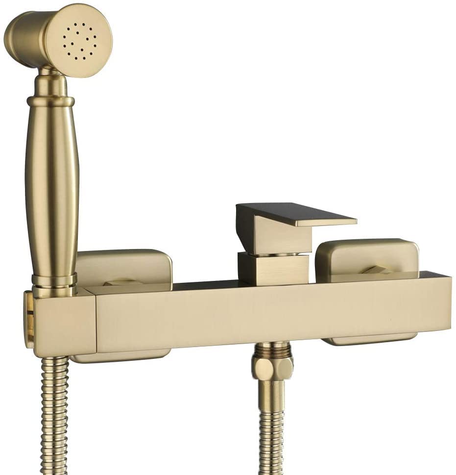 ifgswopq Tub Taps, Brass Hot and Cold Water Bidet Bathroom Hand Shower Bidet Toilet Sprayer Hygienic Shower Wall Mounted Bidet Tap Set with Booster Nozzle,Brushed Gold(A) ()