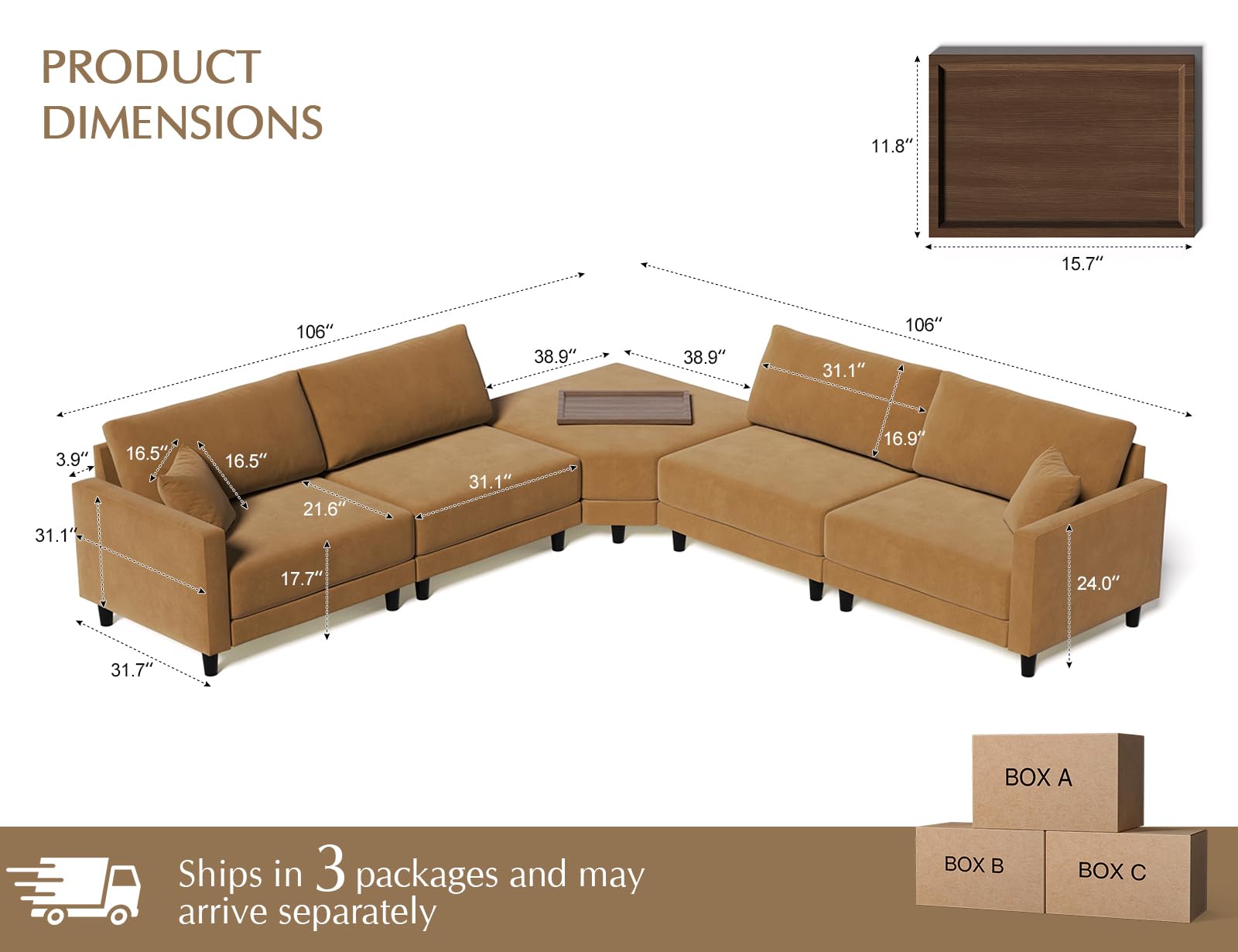 Txtin's 137" Sectional Couches for Living Room, 4 Seat Sectional Couch with Removable Ottoman, Convertible Modular Sofa for Home, Brown