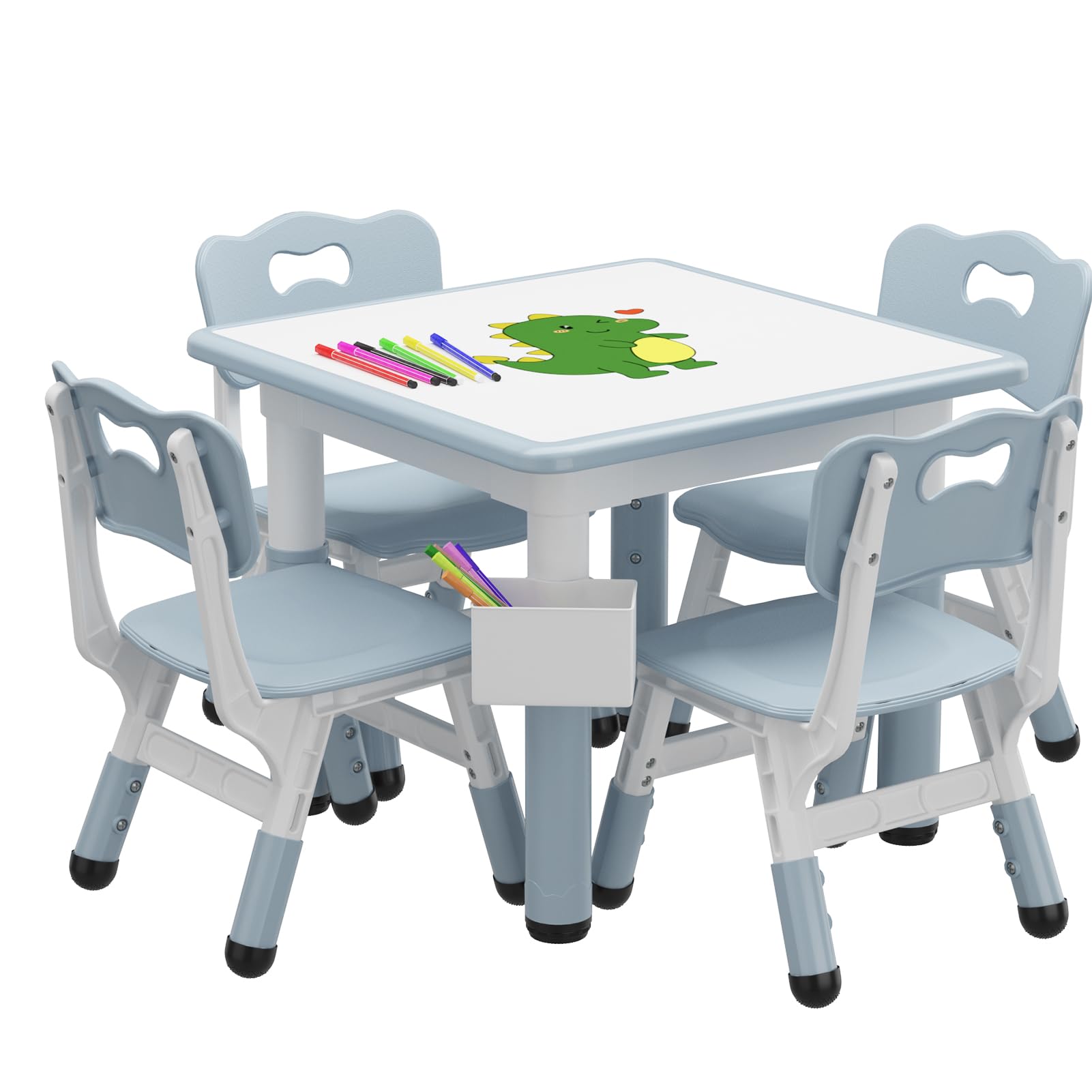 GarveeHome Toddler Table and 4 Chairs Set with Graffiti Desktop, Height Adjustable Kids Table and Chairs Set with Storage, Non-Slip Legs, Kids Activity Table for Home, Nursery, for Age 2-10