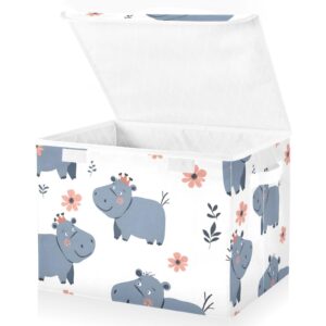 suabo large collapsible storage bins with lids & handles,cartoon animals seamless hippo rectangle fabric storage organizer boxes baskets closet for clothes toys