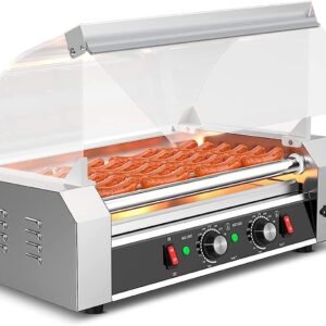 TREEYX 7 Roller Grill Hot Dog Warmers Cooker Machine Stainless Steel with Dual Temp Control, Detachable Acrylic Cover LED