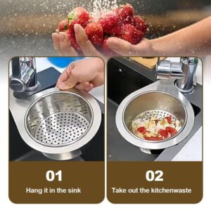 Stainless Steel Sink Drain Strainer Basket, 2024 Upgraded Multifunction Hanging Sink Strainer Colander Drain Basket, Kitchen Sink Food Waste Filter and Vegetables Fruits Clean(S,1pcs)