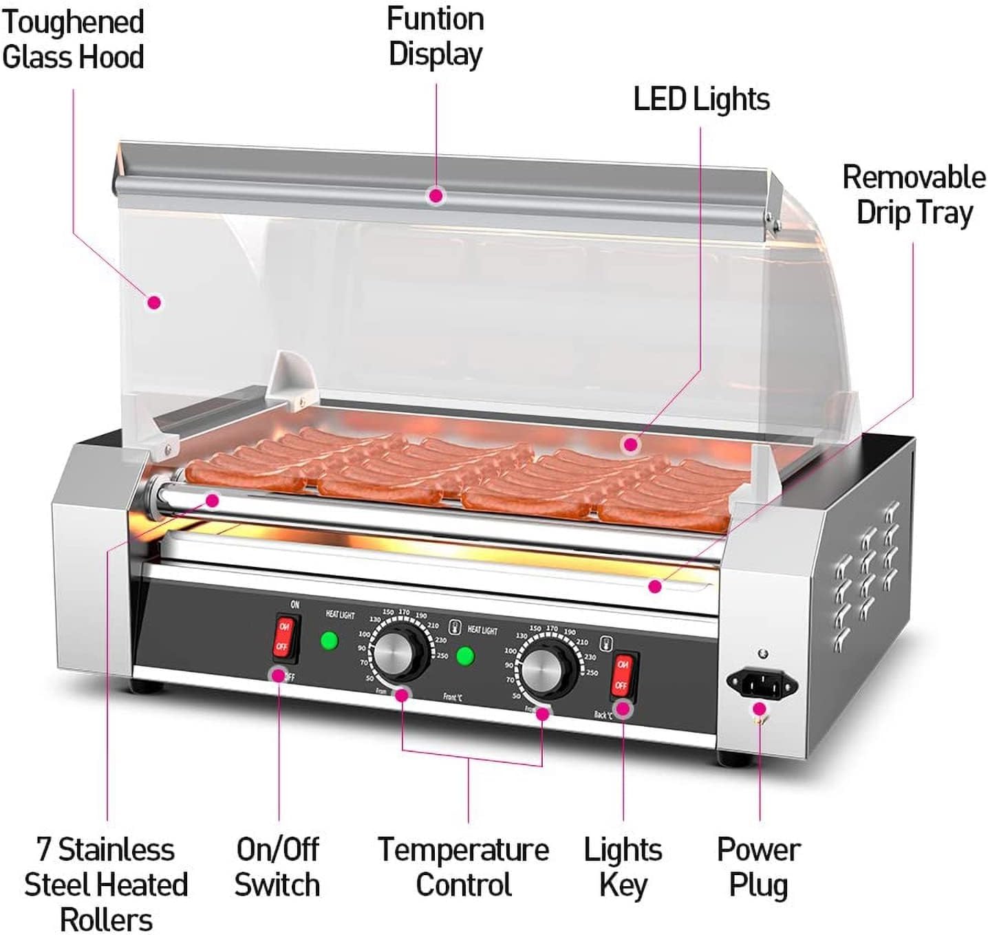 TREEYX 7 Roller Grill Hot Dog Warmers Cooker Machine Stainless Steel with Dual Temp Control, Detachable Acrylic Cover LED