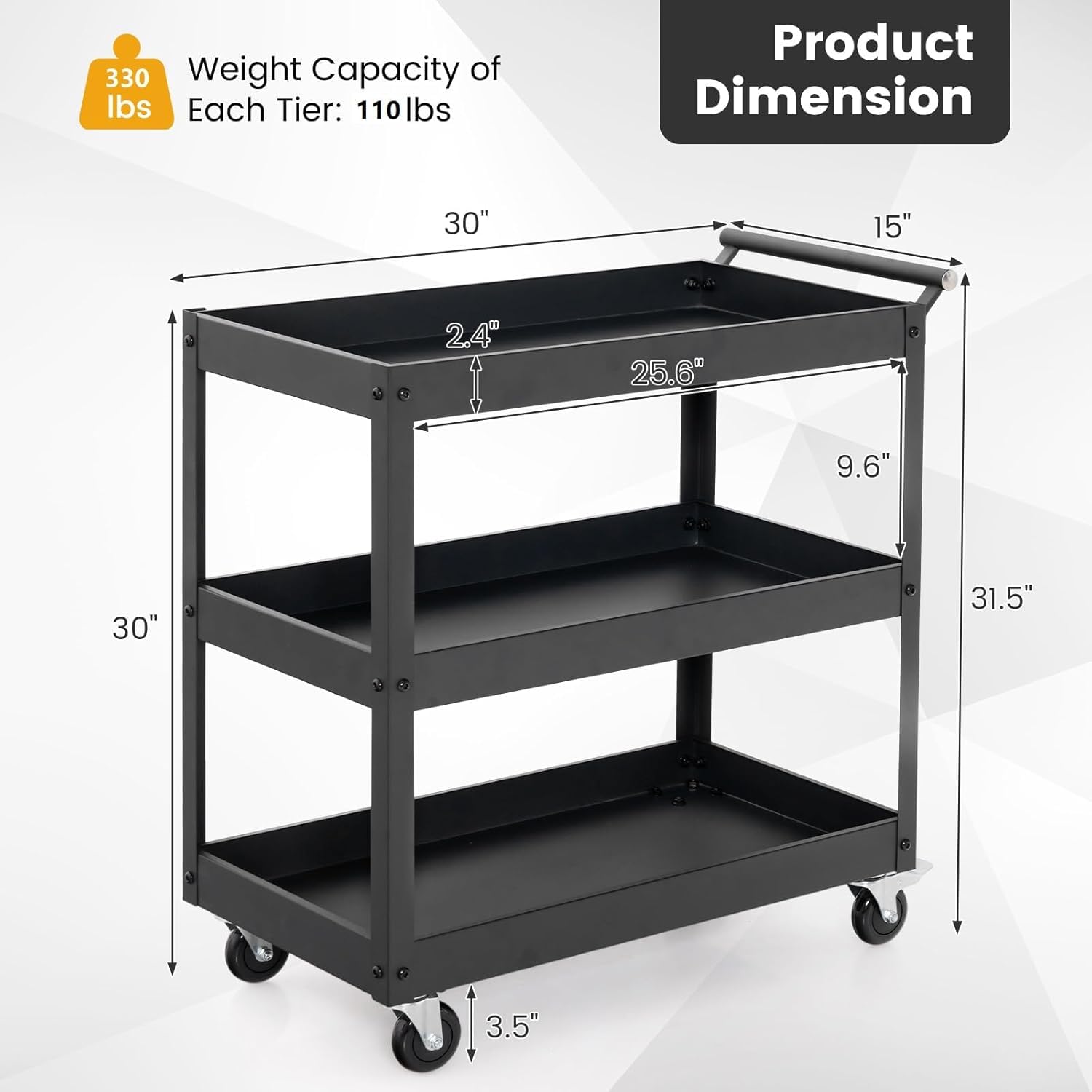 ERGOMASTER 3 Tier Rolling Tool Cart on Wheels, Heavy Duty Metal Service Cart with Lockable Wheels,330lbs Load Capacity Utility Cart for Garage, Warehouse, Workshop(Black)