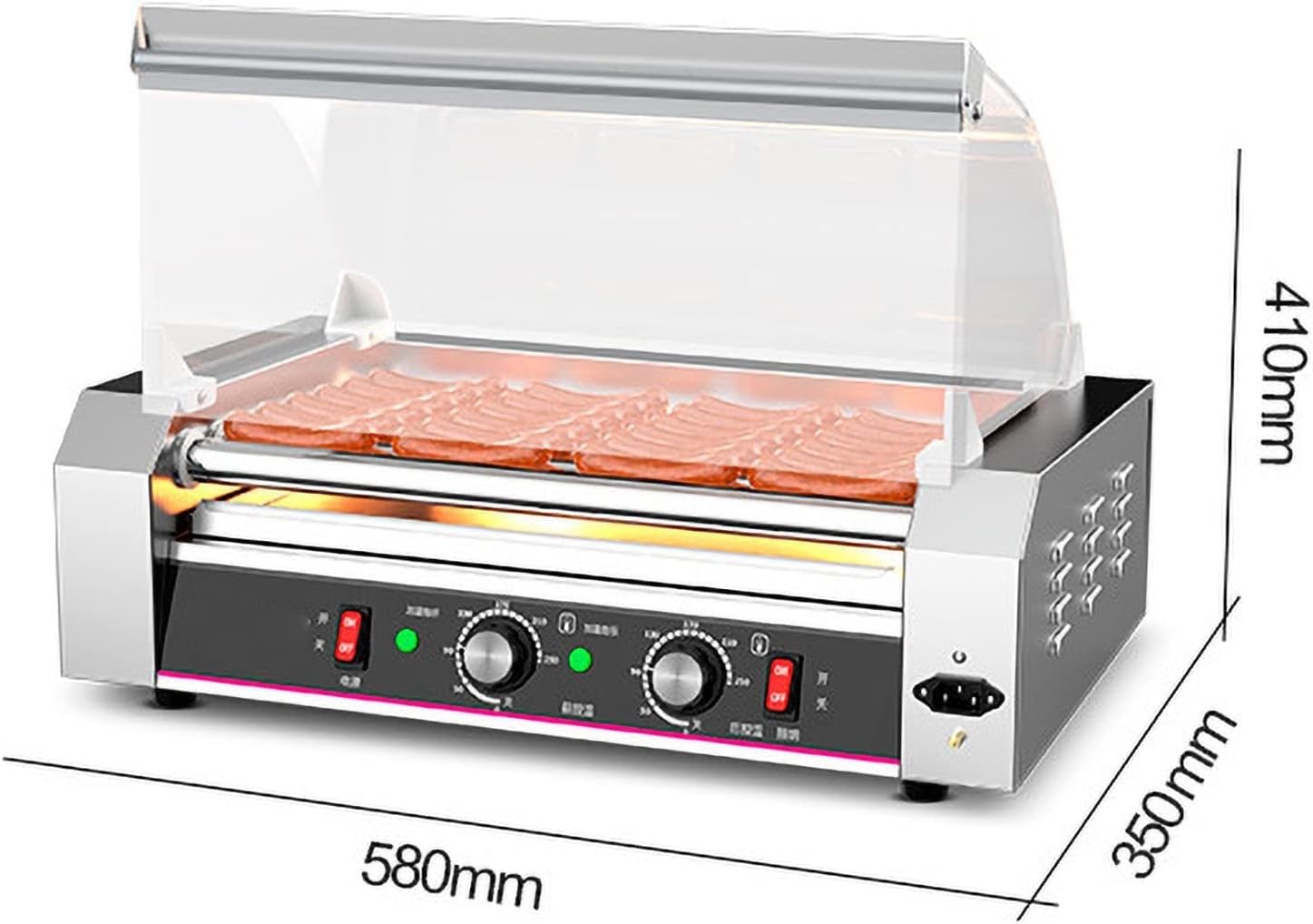 TREEYX 7 Roller Grill Hot Dog Warmers Cooker Machine Stainless Steel with Dual Temp Control, Detachable Acrylic Cover LED