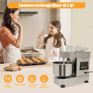 Commercial Food Mixer, 10.5Qt Capacity, 750W Dual Rotating Dough Kneading Machine with Food-grade Stainless Steel Bowl, Security Shield & Timer Included, Baking Equipment for Restaurant (10 QT)