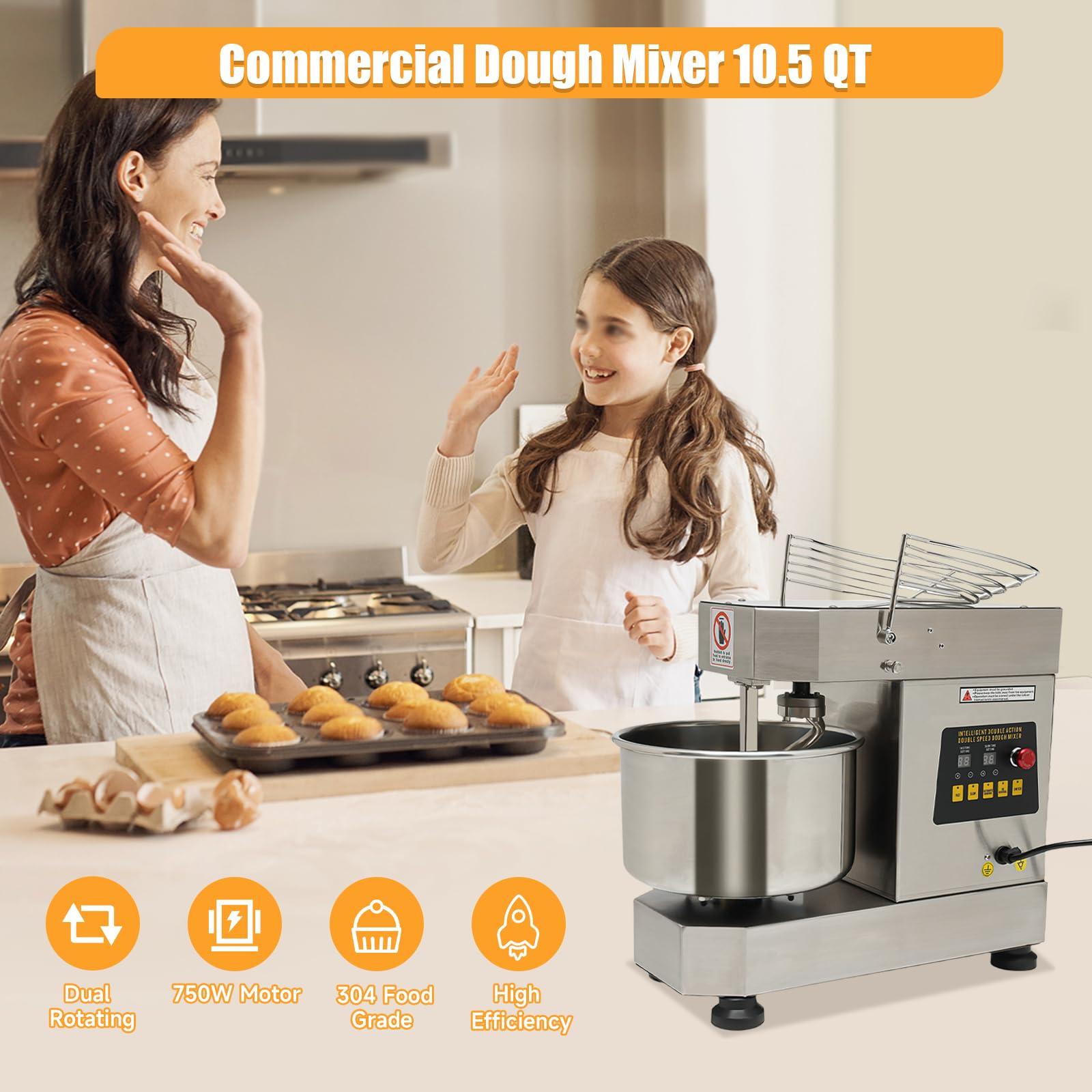 Commercial Food Mixer, 10.5Qt Capacity, 750W Dual Rotating Dough Kneading Machine with Food-grade Stainless Steel Bowl, Security Shield & Timer Included, Baking Equipment for Restaurant (10 QT)