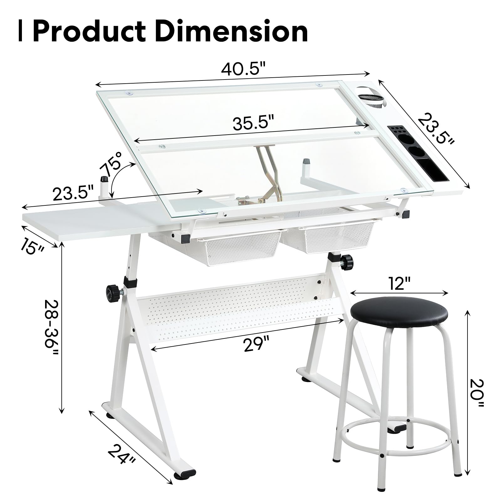 Miscoos Adjustable White Tempered Glass Drafting Table with Chair, 39.76" x 23.60" | Steel Frame, Anti-Slip Feet, Storage & Pen Holder