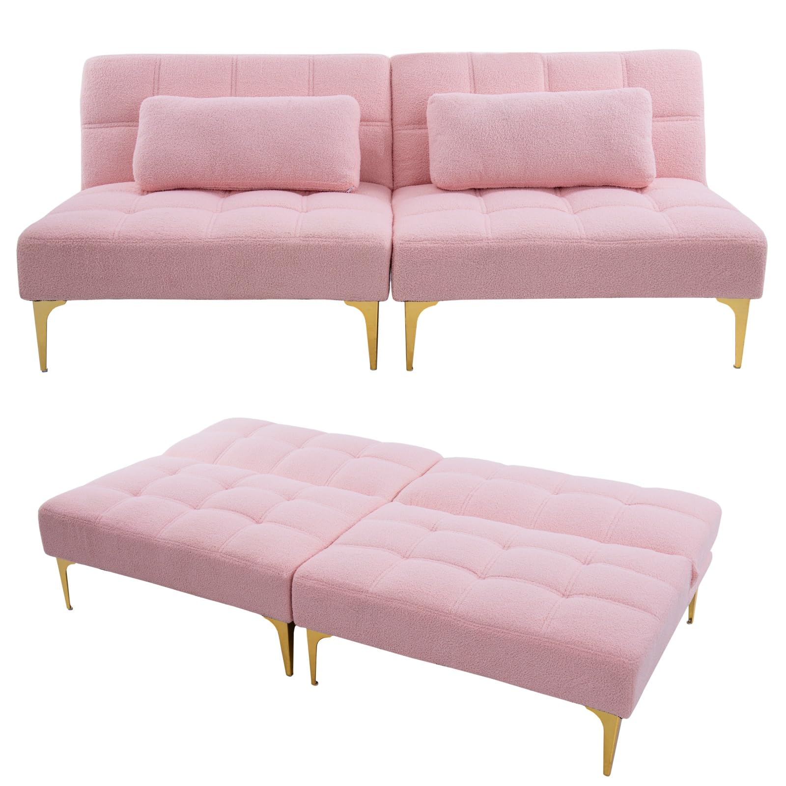 ChicFurnit Sofa Bed,Convertible Couch Bed with Three Backrest Adjustment Settings,71'' Teddy Fabric Upholstery Futon Sleeper Sofa with Gold Metal Tapered Leg Design for Living Room,Bedroom,Pink