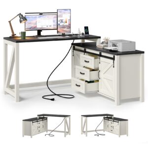 Executive L Shaped Office Desk with Drawers, Farmhouse Corner Desk for Home Office with Storage Cabinet, Computer Desk with Charging Station, Reversible Study Writing Table Workstation, White