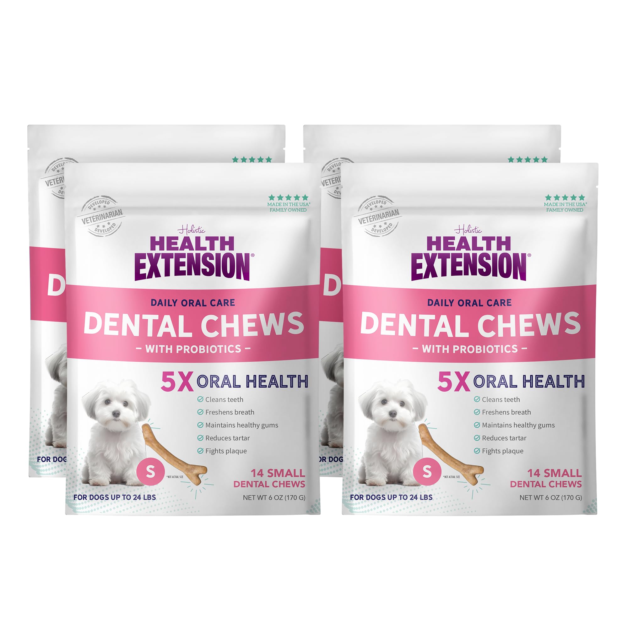 Health Extension Probiotic Dental Bones for Dogs, 14 Small Bones – Supports Dental Health, Promotes Digestive Health, Ideal for Puppy Training (Pack of 4)