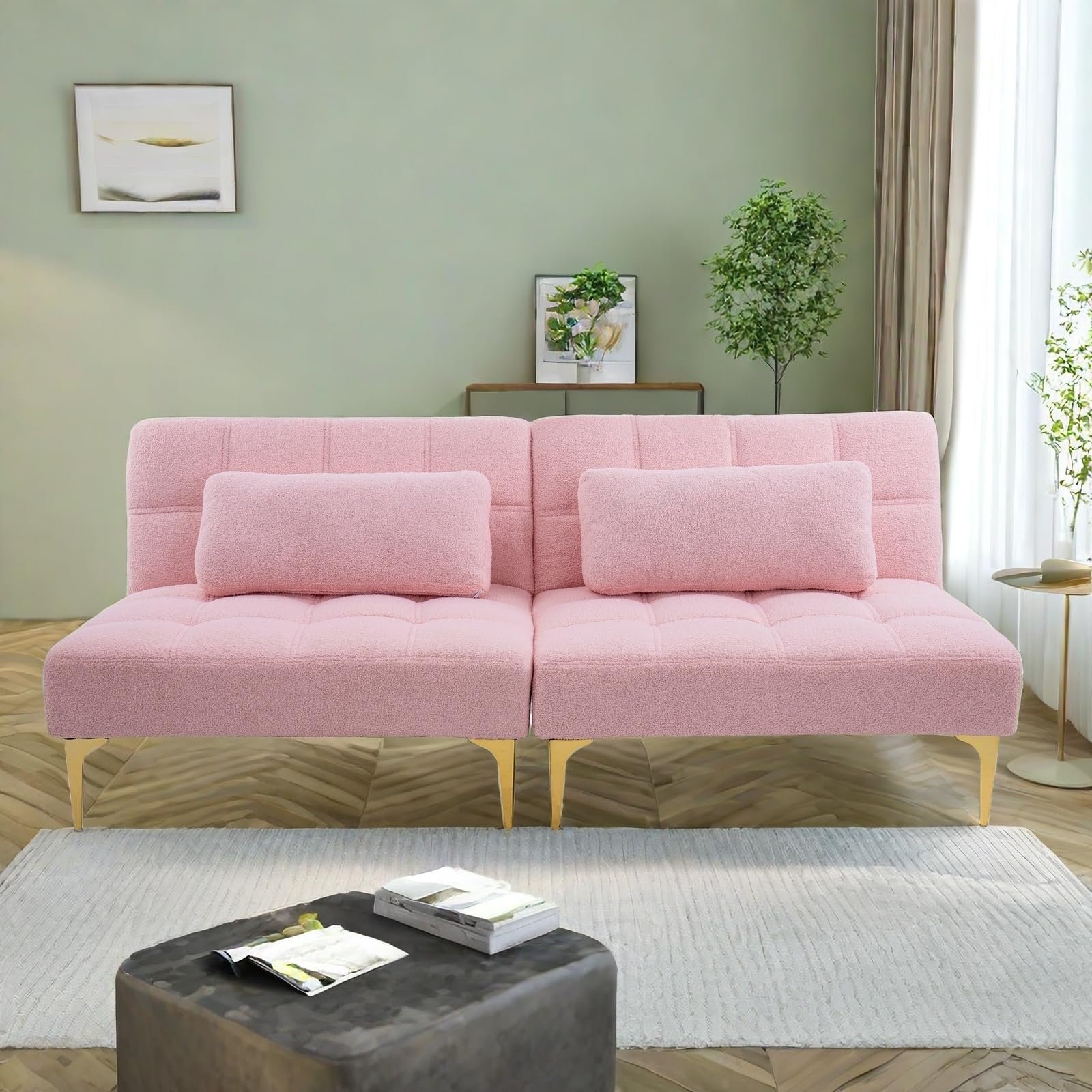 ChicFurnit Sofa Bed,Convertible Couch Bed with Three Backrest Adjustment Settings,71'' Teddy Fabric Upholstery Futon Sleeper Sofa with Gold Metal Tapered Leg Design for Living Room,Bedroom,Pink