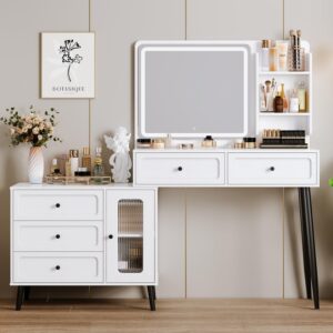 kehuibgaj white vanity desk with mirror and 3-color lights, vanity table with 5 drawers & storage cabinet for bedroom，indispensable bedroom furniture for girls