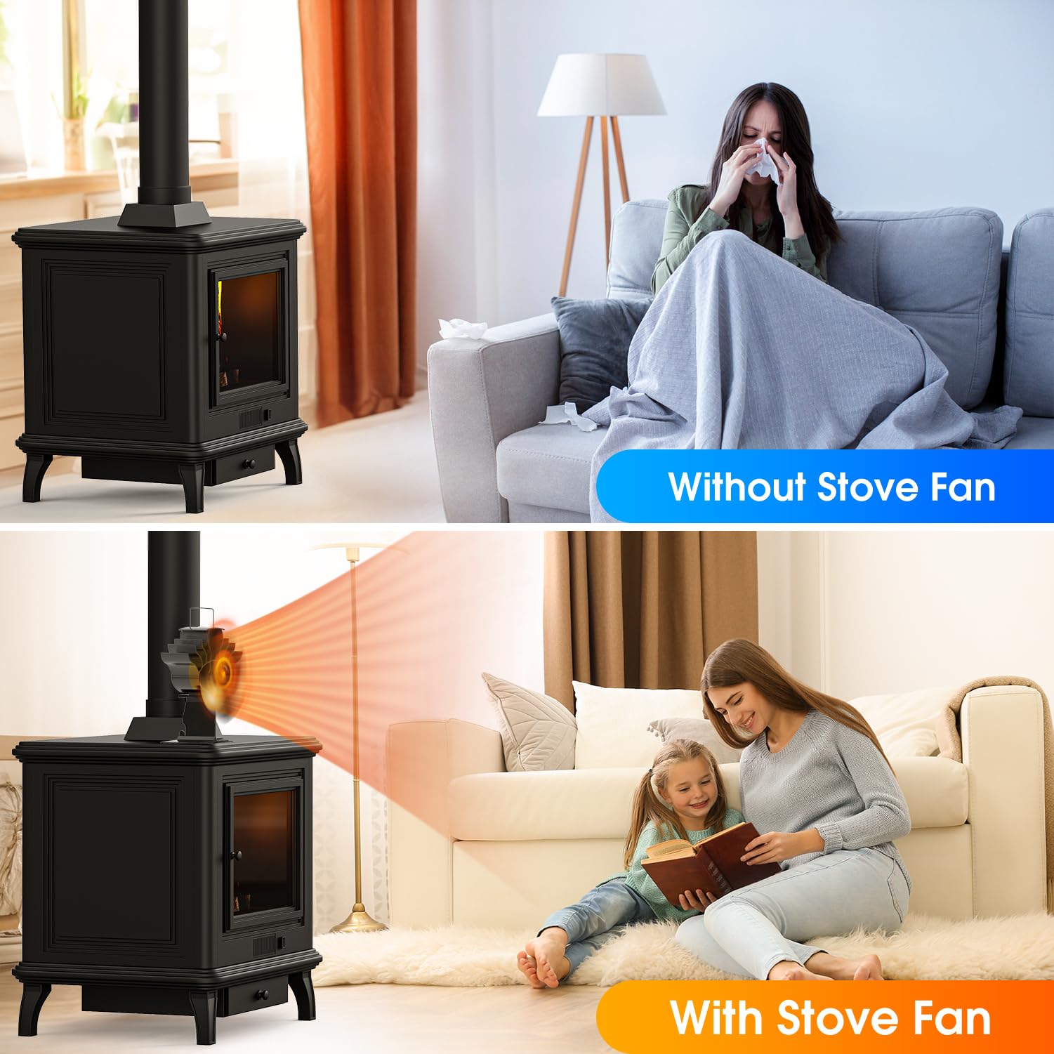 ZHENGXOO Wood Stove Fan, 4-Blades Heat Powered Stove Fan,Silent Operation Fireplace Fan for Gas/Pellet/Wood Burning Stove