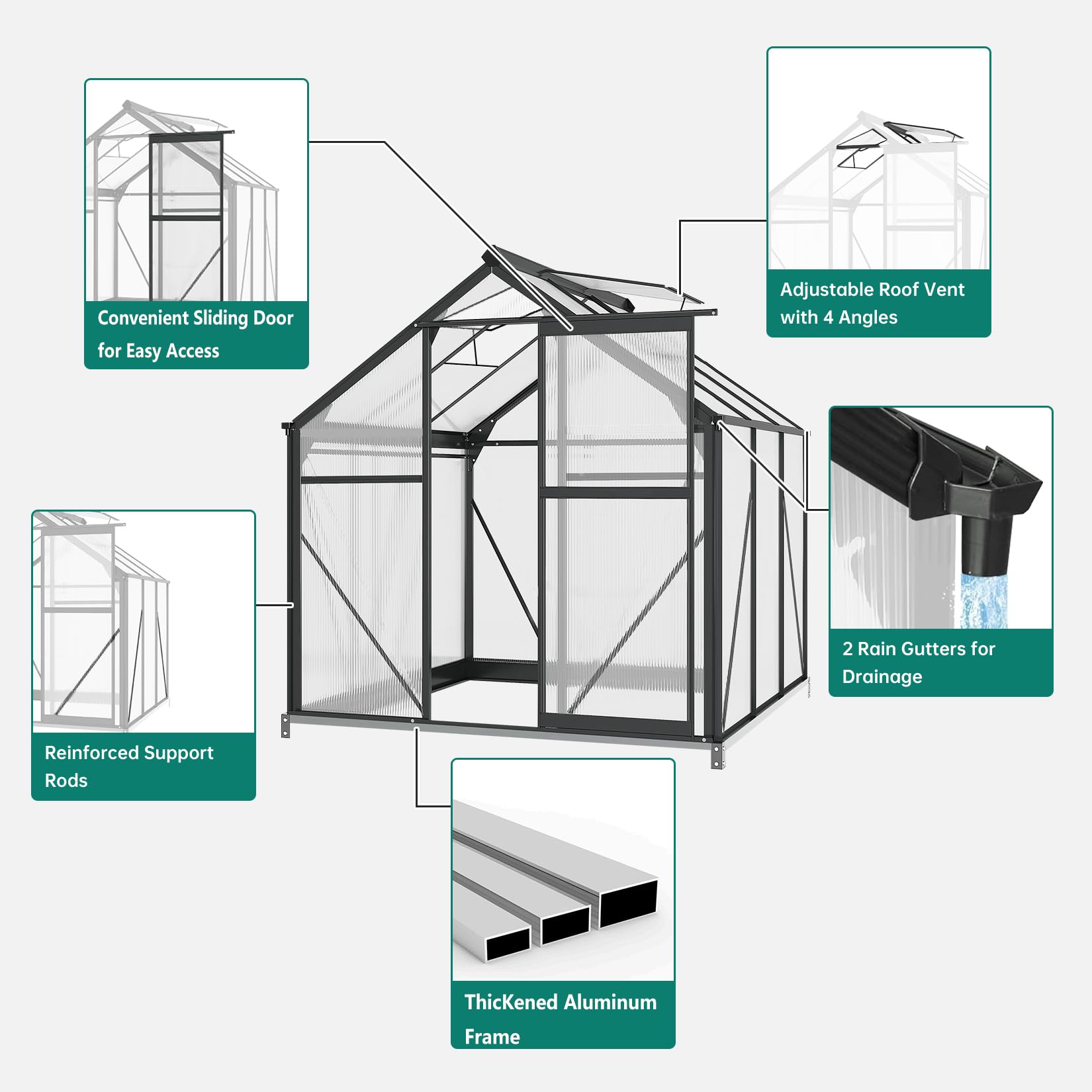 GarveeLife 6x8 FT Outdoor Greenhouse, Polycarbonate Green Houses for Outside, Heavy Duty Large Walk in Green House for Plants with Aluminum Frame, Roof Vent, Rain Gutters for Garden Backyard