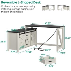 Executive L Shaped Office Desk with Drawers, Farmhouse Corner Desk for Home Office with Storage Cabinet, Computer Desk with Charging Station, Reversible Study Writing Table Workstation, White