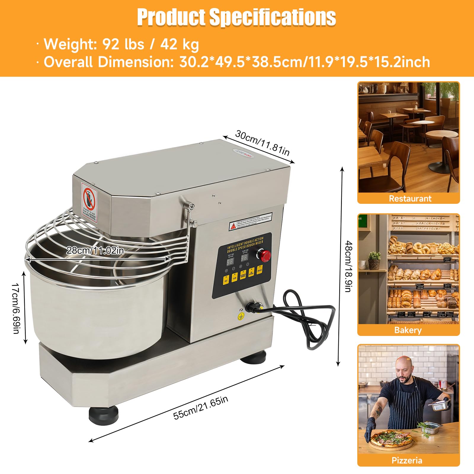 Commercial Food Mixer, 10.5Qt Capacity, 750W Dual Rotating Dough Kneading Machine with Food-grade Stainless Steel Bowl, Security Shield & Timer Included, Baking Equipment for Restaurant (10 QT)