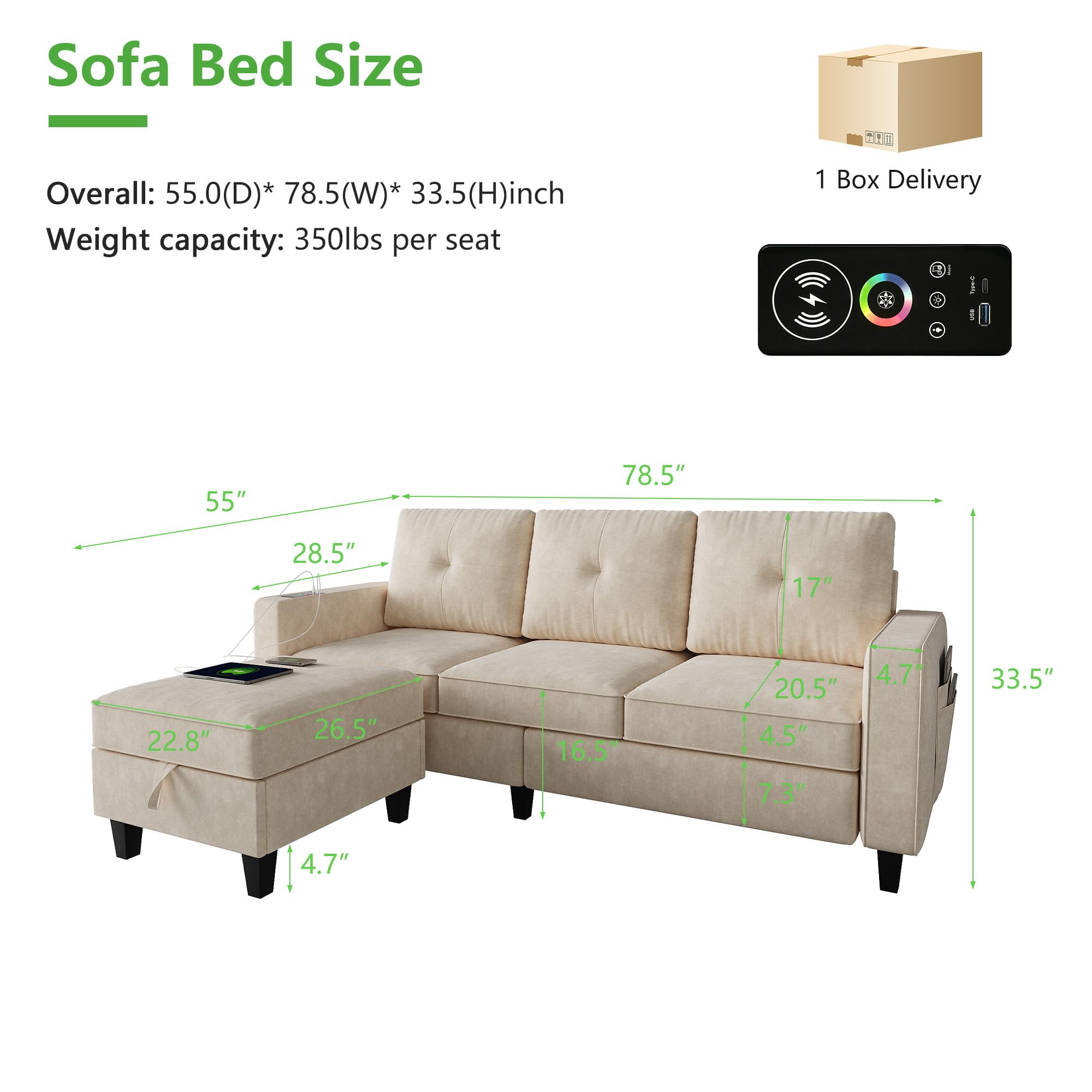 HNEBC Convertible Sectional Sofa Couch with LED Lights, Modern L Shaped Couch with Charging Station, Reversible Sectional Couches with Storage Ottoman for Living Room/Bedroom/Office(Beige)