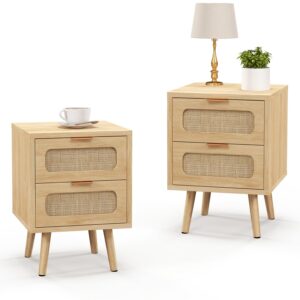 ymbsbuy rattan nightstand set of 2,night stand bedside table with 2 drawers,mid century modern nightstand end table for bedroom,dorm,small spaces,boho wood side table with storage,natural,2 pack