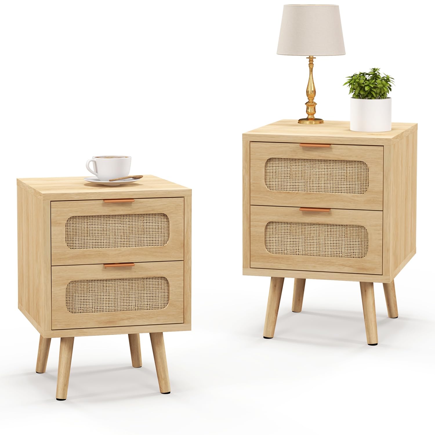 YMBSBUY Rattan Nightstand Set of 2,Night Stand Bedside Table with 2 Drawers,Mid Century Modern Nightstand End Table for Bedroom,Dorm,Small Spaces,Boho Wood Side Table with Storage,Natural,2 Pack