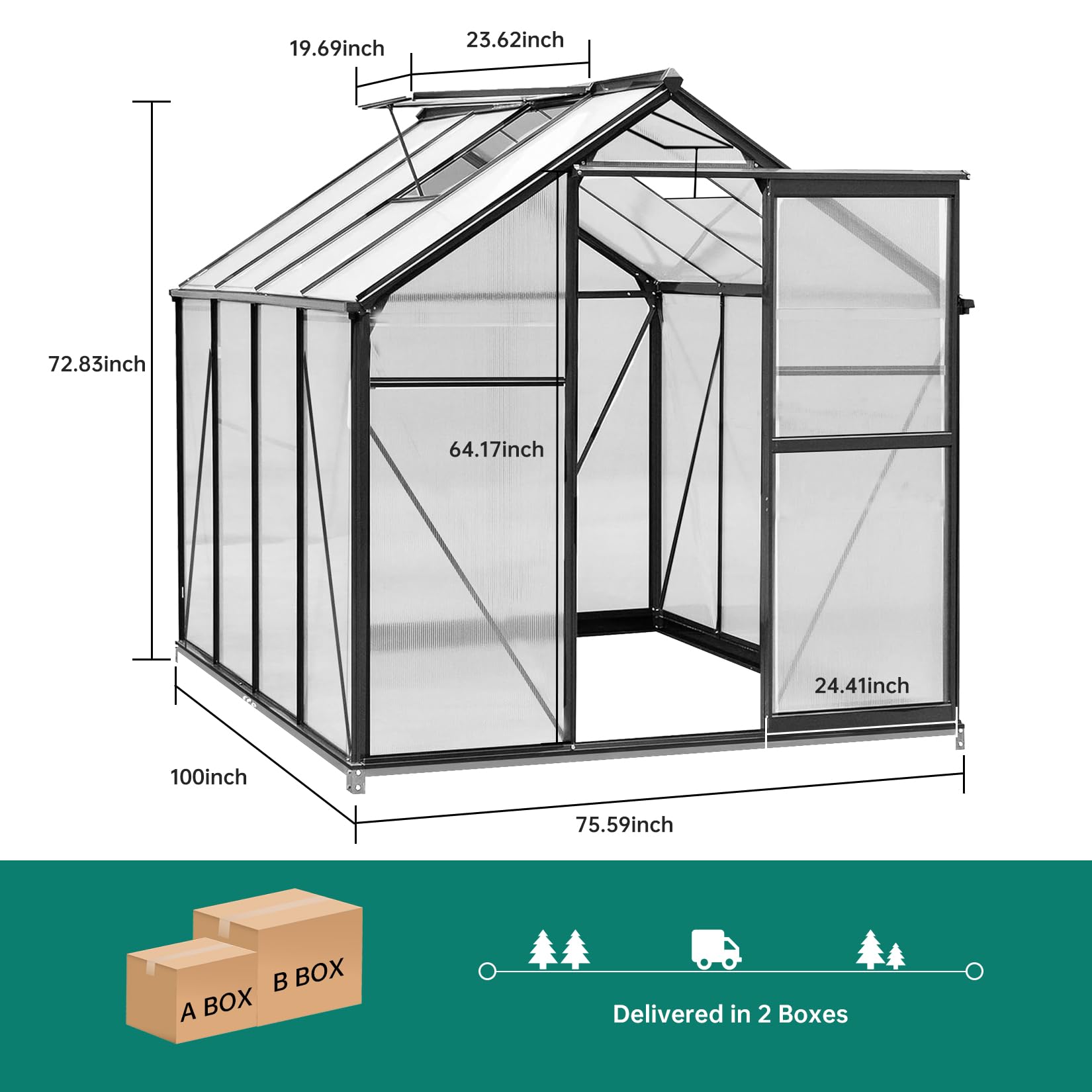 GarveeLife 6x8 FT Outdoor Greenhouse, Polycarbonate Green Houses for Outside, Heavy Duty Large Walk in Green House for Plants with Aluminum Frame, Roof Vent, Rain Gutters for Garden Backyard