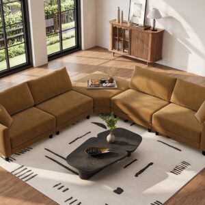 Txtin's 137" Sectional Couches for Living Room, 4 Seat Sectional Couch with Removable Ottoman, Convertible Modular Sofa for Home, Brown