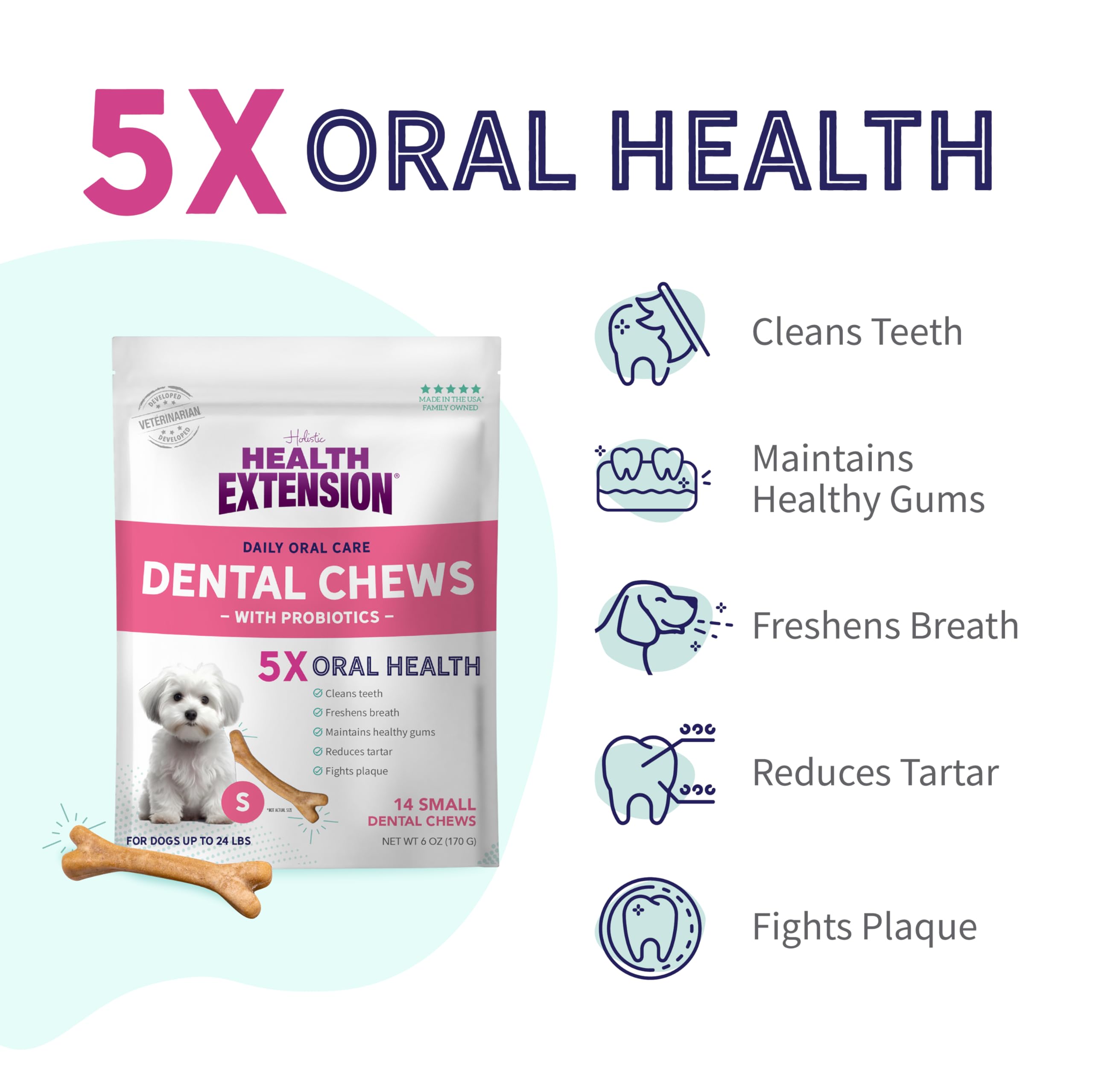 Health Extension Probiotic Dental Bones for Dogs, 14 Small Bones – Supports Dental Health, Promotes Digestive Health, Ideal for Puppy Training (Pack of 4)