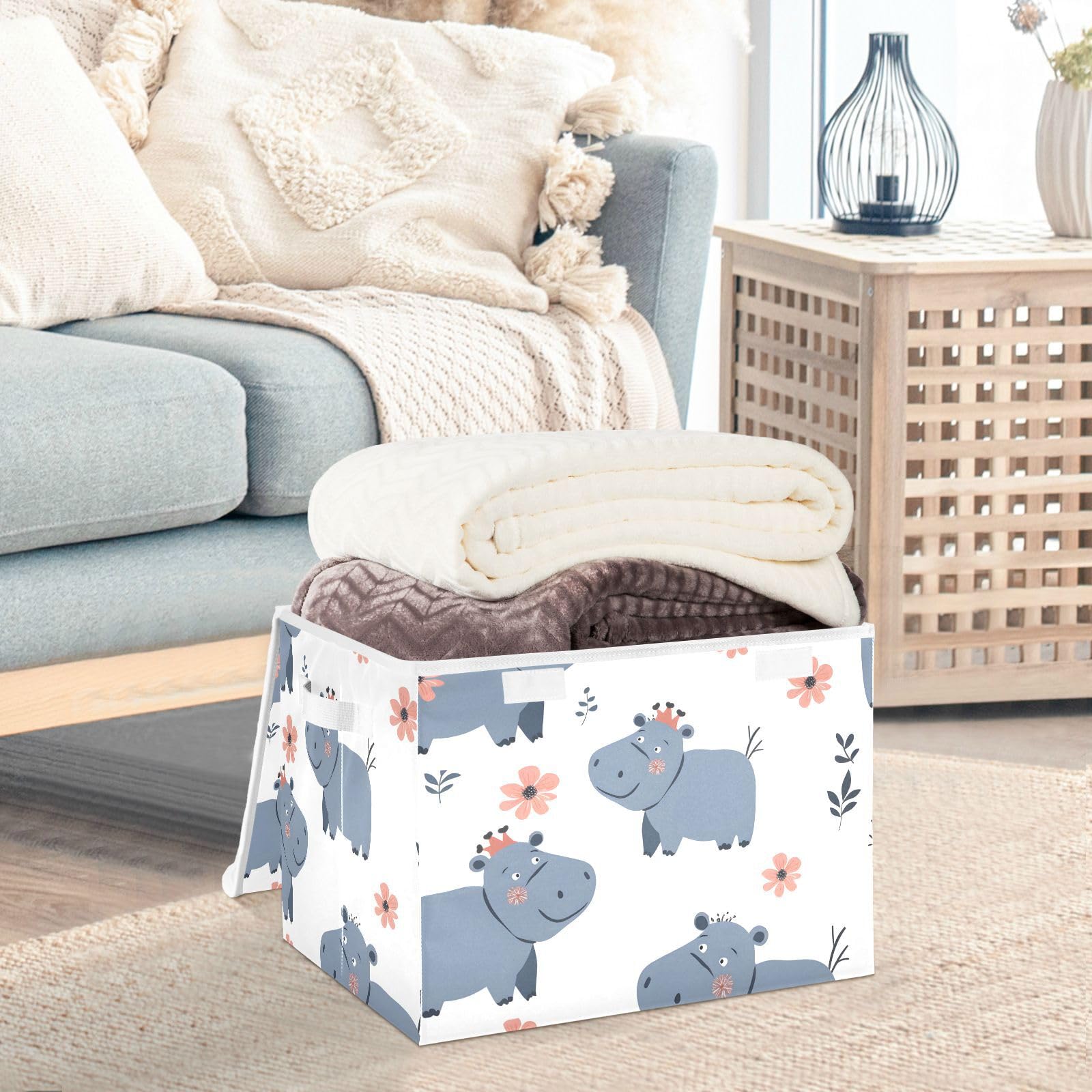 SUABO Large Collapsible Storage Bins with Lids & Handles,Cartoon Animals Seamless Hippo Rectangle Fabric Storage Organizer Boxes Baskets Closet For Clothes Toys