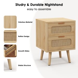 YMBSBUY Rattan Nightstand Set of 2,Night Stand Bedside Table with 2 Drawers,Mid Century Modern Nightstand End Table for Bedroom,Dorm,Small Spaces,Boho Wood Side Table with Storage,Natural,2 Pack