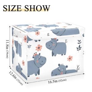 SUABO Large Collapsible Storage Bins with Lids & Handles,Cartoon Animals Seamless Hippo Rectangle Fabric Storage Organizer Boxes Baskets Closet For Clothes Toys