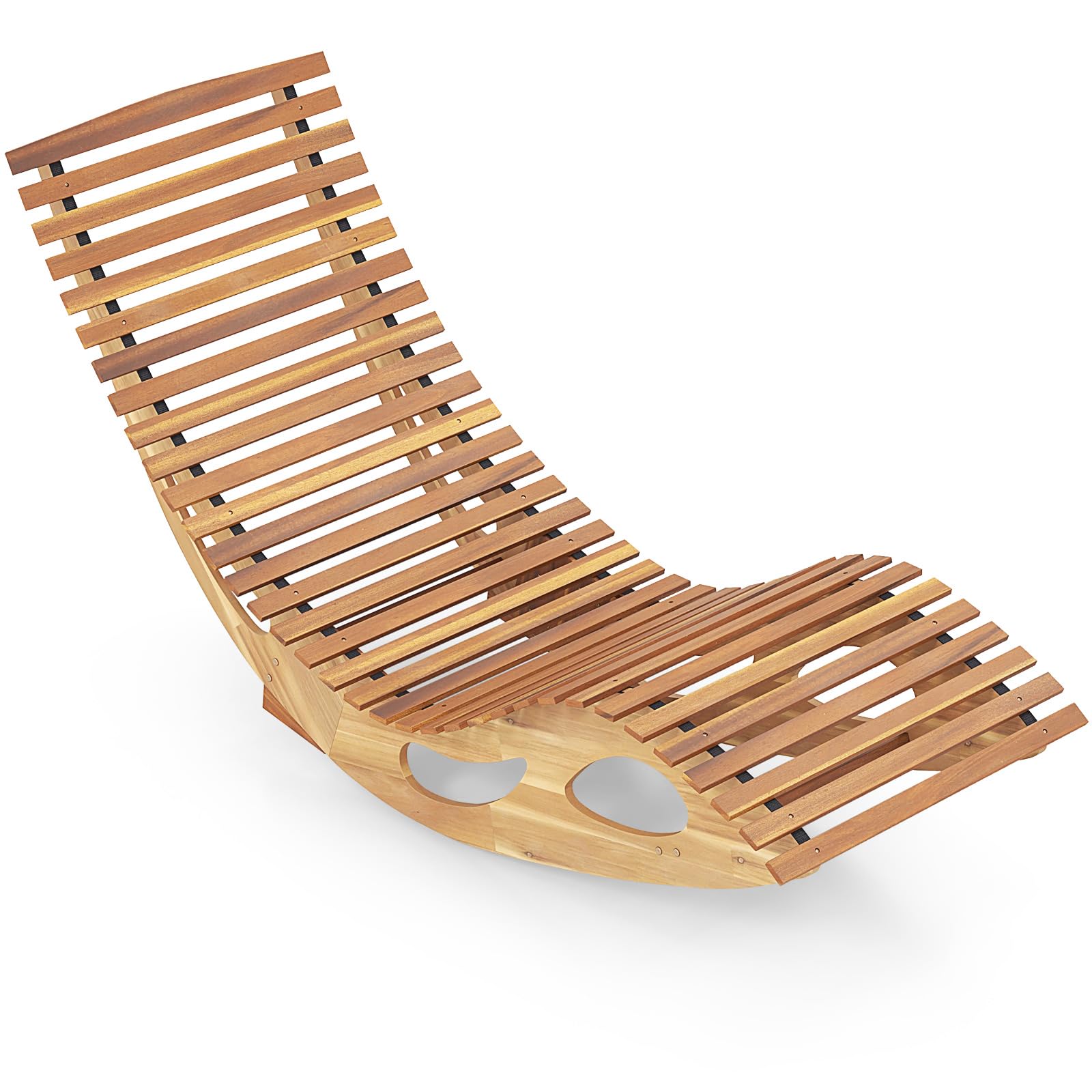 Tangkula Outdoor Chaise Lounge Chair, Acacia Wood Rocking Sun Lounger with Slatted Backrest and Seat, Wooden Rocker Lounge Chair for Patio, Garden and Poolside