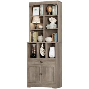 Keyluv 80” Tall Bookcase with Drawer and Doors, Grey Bookshelf with Adjustable Cabinet, Deep Book Shelf Case with Storage and 9 Open Cubes for Living Room/Home Office, Wood Gray Wash