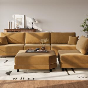 Txtin's 137" Sectional Couches for Living Room, 4 Seat Sectional Couch with Removable Ottoman, Convertible Modular Sofa for Home, Brown