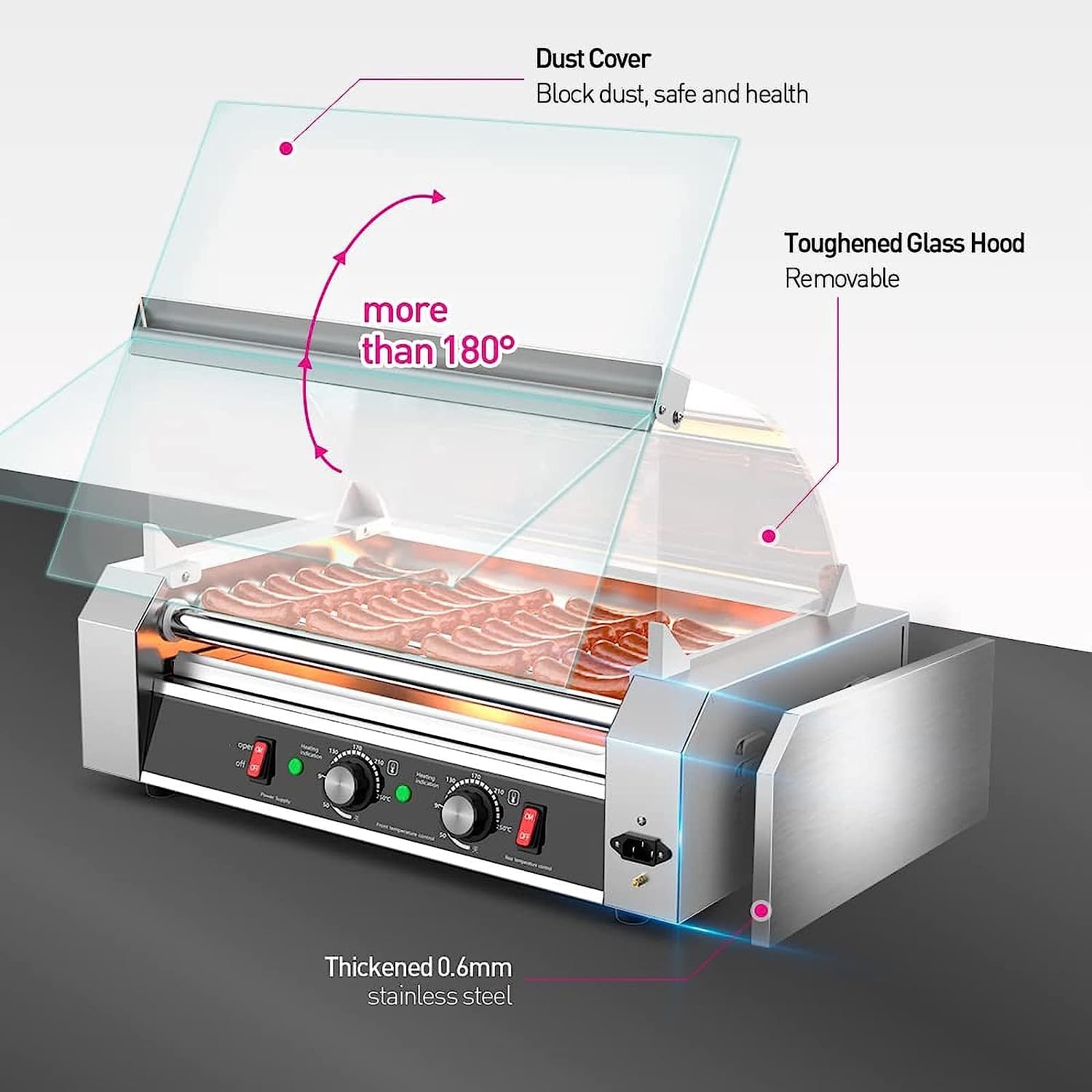 TREEYX 7 Roller Grill Hot Dog Warmers Cooker Machine Stainless Steel with Dual Temp Control, Detachable Acrylic Cover LED