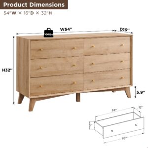 RedLemon 6 Drawer Dresser, 54" Wide Mid Century Modern Chest of Drawers, Beveled Profile Design, Wood Drawer Organizer for Bedroom, Living Room, Hallway, Natural Oak Color