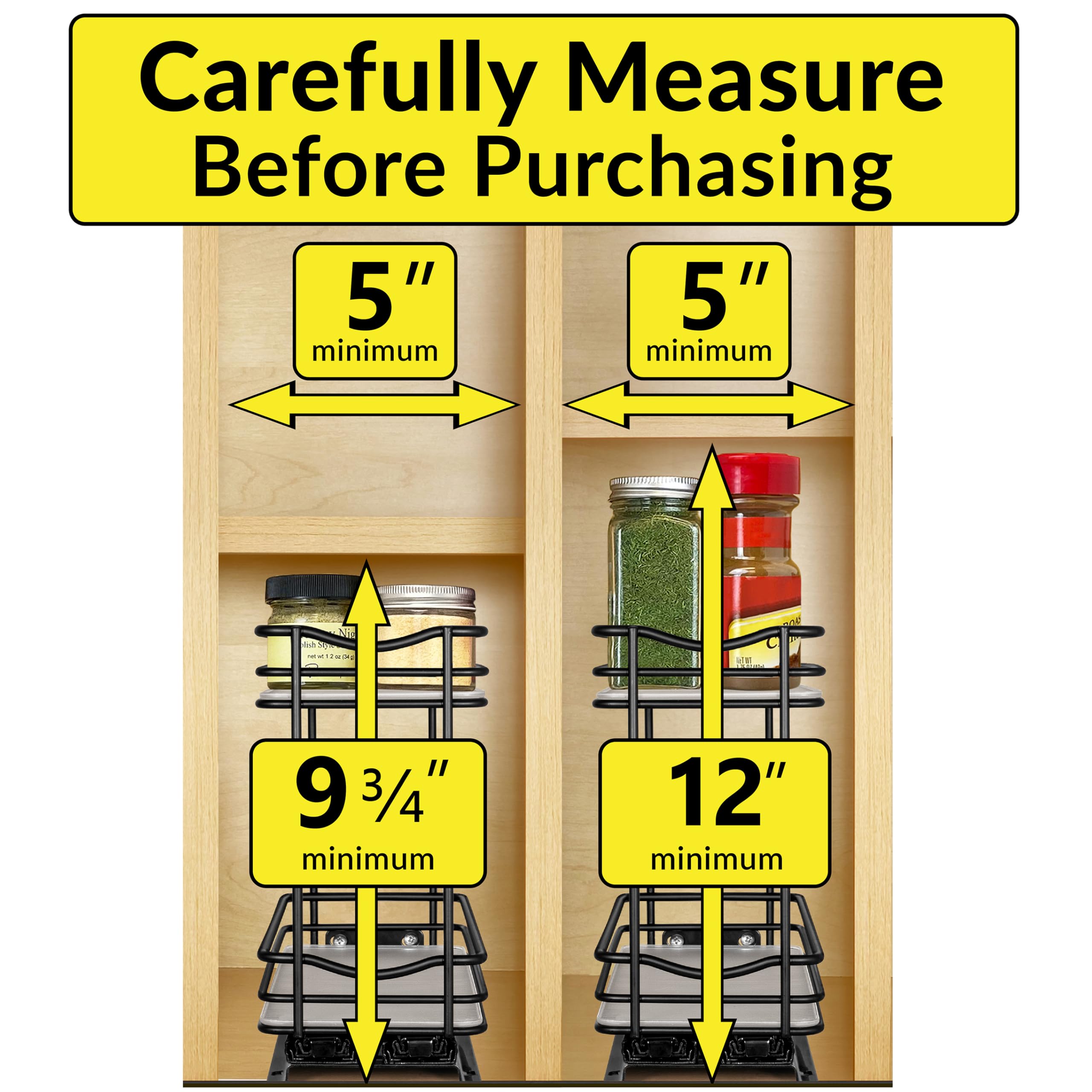 LYNK PROFESSIONAL® Pull Out Spice Rack Organizer for Inside Kitchen Cabinets - 4-1/4 inch Wide - Slide Out Drawer – Black Sliding Spice Cabinet Organization Shelf Racks - 2 Tier