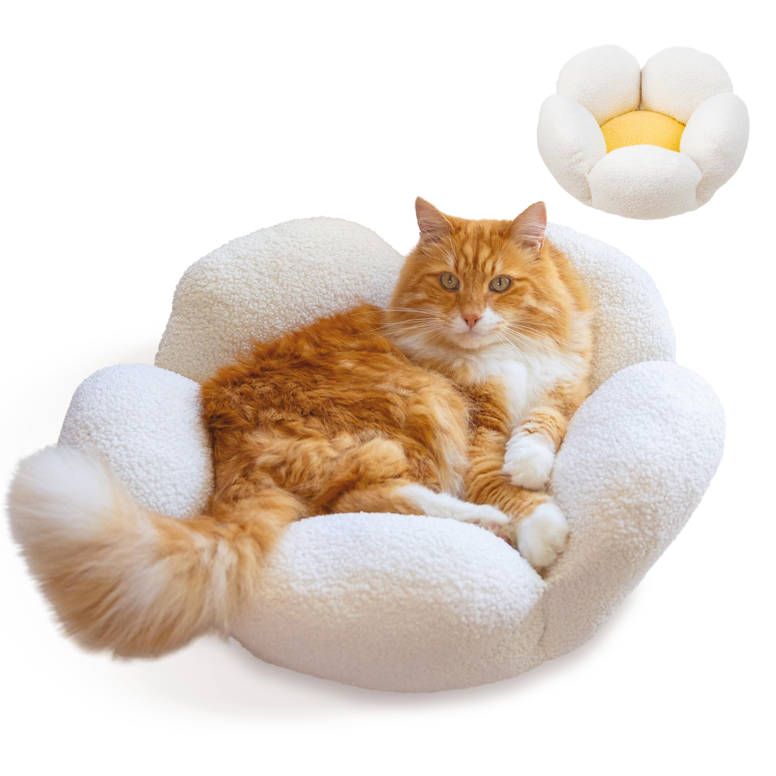 Catstages Purrfect Petals Washable Flower Shaped Round Cat Bed for Indoor Cats, Plush, White