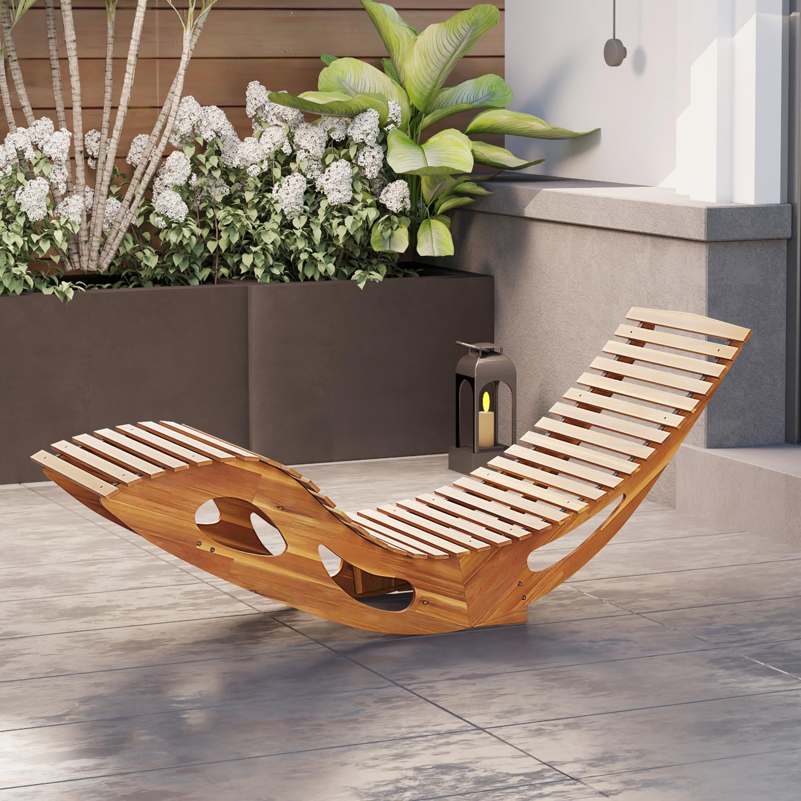 Tangkula Outdoor Chaise Lounge Chair, Acacia Wood Rocking Sun Lounger with Slatted Backrest and Seat, Wooden Rocker Lounge Chair for Patio, Garden and Poolside