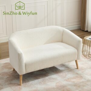 Sinzho & Wiyfun 50.8" W Upholstered Small Loveseat Sofa 2-Seat Couch Settee Love Seat with Solid Wooden Legs for Small Space Mini Room, Corduroy Fabric, Ivory